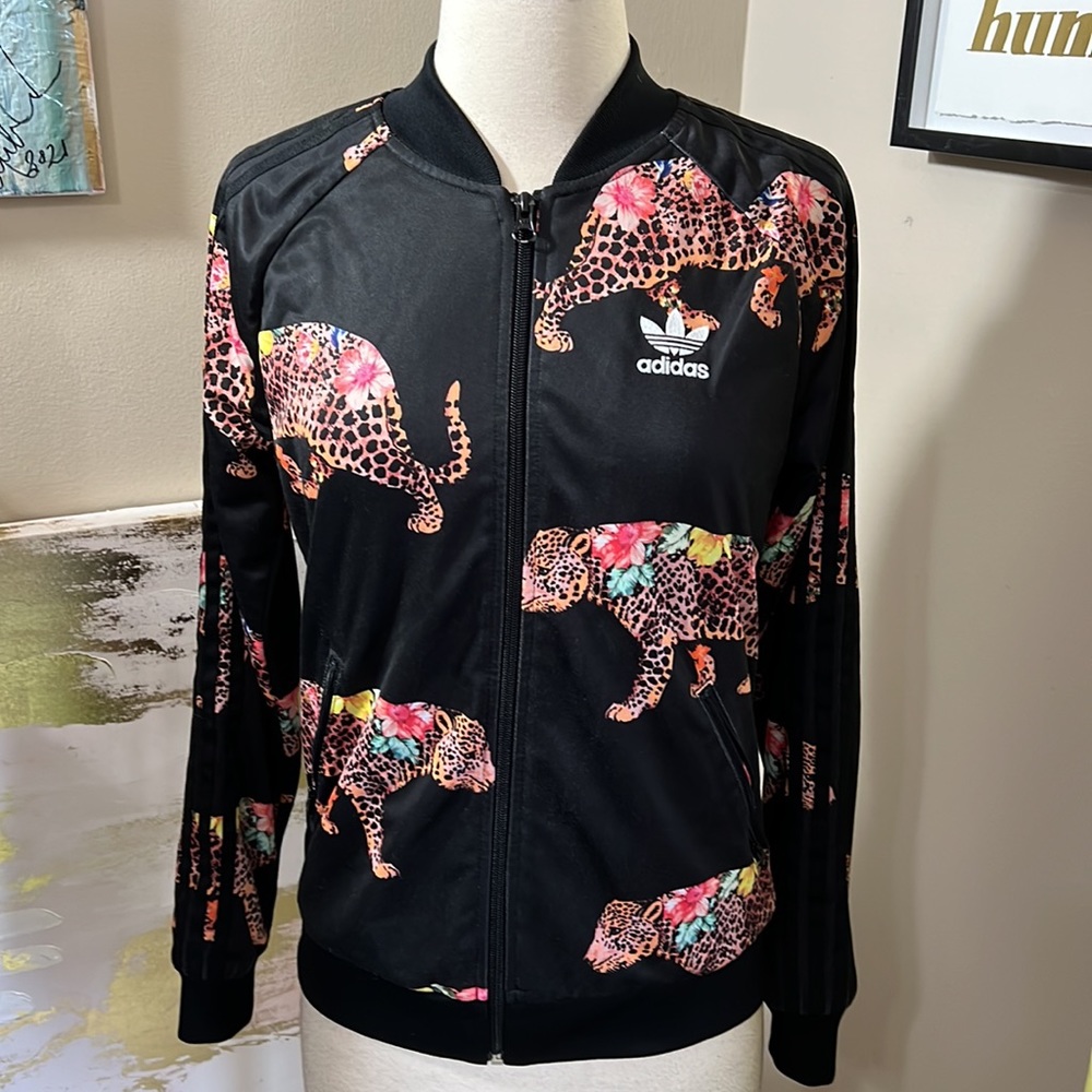 adidas Black Floral Leopard Bomber Jacket - Picture 5 of 11